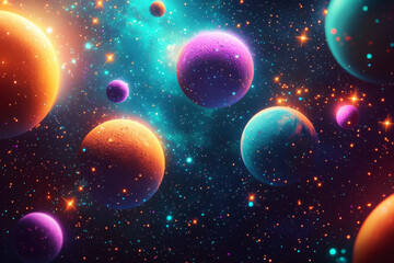 Poster - Whimsical cosmic pattern showcases vibrant planets and twinkling stars in a dreamy universe