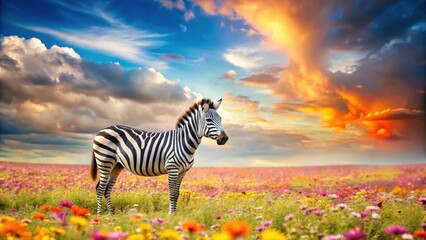 Striped Equine in Vibrant Wildflower Meadow at Sunset