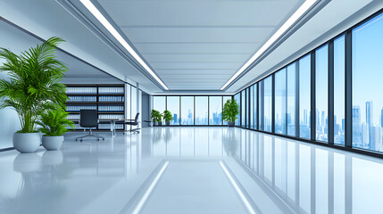 Poster - A modern, spacious office interior with large windows, sleek furniture, and indoor plants, showcasing a bright and professional work environment