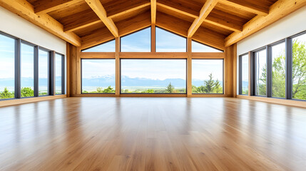 Poster - A bright, spacious room with wooden beams and large windows showcasing a scenic view of mountains and greenery