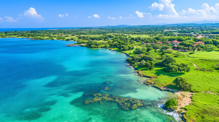 Poster - A stunning aerial view of a coastal landscape featuring turquoise waters, lush greenery, and rocky shorelines under a bright blue sky