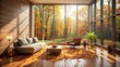 © NongPim - Autumnal Sunlight Illuminates a Modern Living Space Featuring Floor-to-Ceiling Windows Showcasing a Vibrant Forest