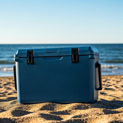 Wall Mural - close up of blue plastic bag on the sandy beach. Modern blue beach cooler on the sea shore on the sand close up.