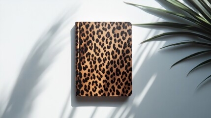 Wall Mural - Leopard Print Notebook with Tropical Leaf and Sunlight