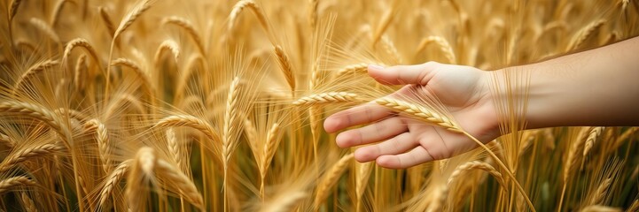 Hand of Caucasian individual touching wheat spikes in vibrant field representing sustainable agriculture and harvest season, lush, agriculture