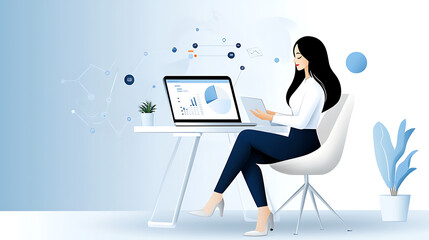 Poster - Professional woman working on laptop in bright office environment digital analytics focus modern workspace
