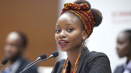 A young African woman speaks confidently at a conference, showcasing her traditional headwrap and stylish attire.