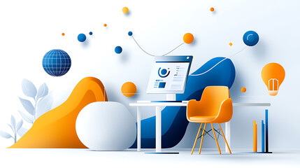 Poster - Creative workspace design modern office digital illustration bright environment side view innovation concept