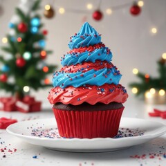 Wall Mural - Baked Christmas tree shaped like a cupcake with red icing and blue sprinkles on a white plate, holiday baking, cupcakes, baked goods