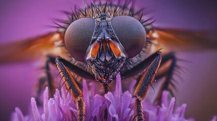 Wall Mural - Macro Photography of a Fly on a Purple Flower