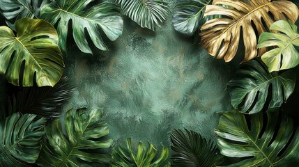 Wall Mural - Tropical leaves frame on dark green background.