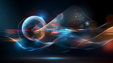 Fototapete - Dynamic light trails and abstract bubbles digital space visual art futuristic environment wide viewpoint innovation concept