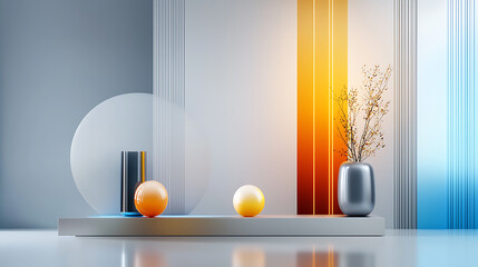 Poster - Modern still life composition with colorful objects contemporary setting digital art minimalist environment dynamic perspective