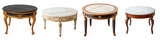 A collection of antique round wooden tables showcasing various classic luxury furniture styles including baroque rococo neoclassical biedermeier chippendale and Louis XIV XV and XVI