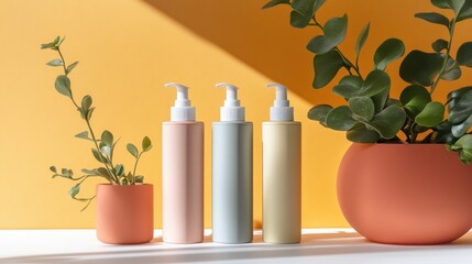 Wall Mural - Three Bottles of Liquid Soap in Minimalist Setting