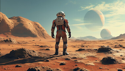 Wall Mural - Exploring alien landscapes with a solitary astronaut on a vibrant Martian horizon. Generative AI