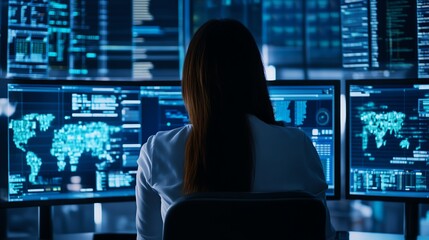 Poster - Data Analyst Working on Multiple Screens in a Dark Environment Focusing on Global Information Analysis