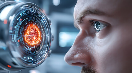 Poster - Exploring neural interfaces human interaction with technology in a futuristic lab close-up perspective on mind mapping
