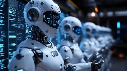 Poster - Advanced Humanoid Robots Lined up in a Futuristic Lab Displaying Artificial Intelligence Technology