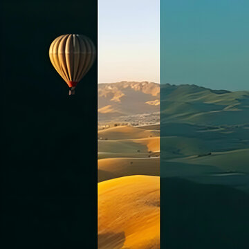 A distinct split composition photograph depicting a hot air balloon floating over a scenic countryside of rolling hills, divided into bold sections with contrasting tones and styles