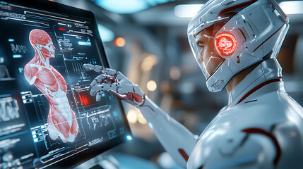 Poster - Advanced robotic analysis of human anatomy futuristic lab digital art high-tech environment close-up viewpoint