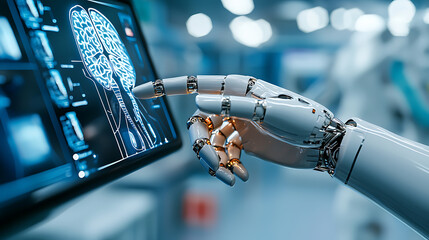 Poster - Robotic hand interaction with digital display modern laboratory technology showcase futuristic environment close-up view ai exploration