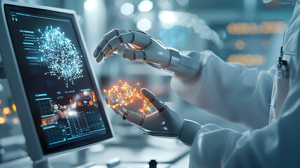 Poster - Innovative robotics research high-tech laboratory digital interaction futuristic environment close-up science and technology breakthrough
