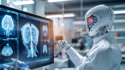 Poster - Robot analyzing brain scans in high-tech laboratory futuristic technology medical environment close-up view