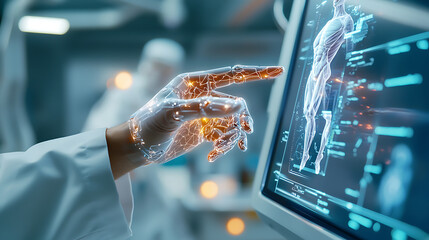 Poster - Innovative medical technology interactive holographic display laboratory digital interface high-tech environment close-up future healthcare