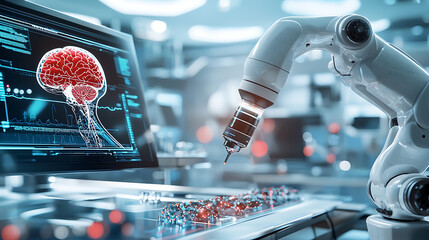 Poster - Robotic arm analyzing neural data in a high-tech laboratory science environment futuristic viewpoint