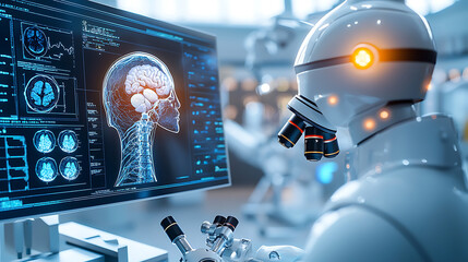 Poster - Robot analyzes brain data high-tech lab digital art futuristic environment close-up view ai and neuroscience