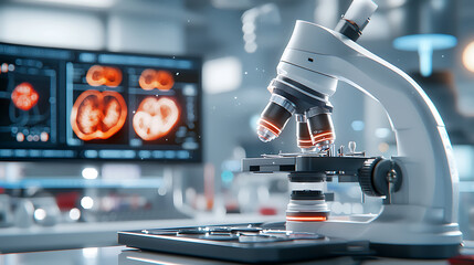 Poster - Microscope experiment observations laboratory science content high-tech environment close-up view innovation in research
