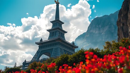 Wall Mural - Majestic pagoda architecture situated against a dramatic mountain range under a vivid blue sky with fluffy clouds, showcasing vibrant red flowers in the foreground.