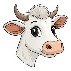 Wall Mural - Cartoon Cow Head Close-up, White Fur, Cute Expression, Digital Illustration, Animal Portrait Cow, Mascot