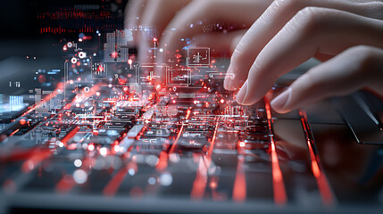 Poster - Digital innovation in cybersecurity hands on keyboard technology hub action image futuristic environment close-up perspective