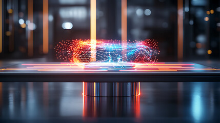 Poster - Dynamic holographic display technology modern office digital artwork futuristic environment close-up view innovation and design