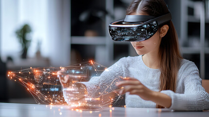 Poster - Innovative virtual reality experience modern office technology showcase interactive environment close-up view futuristic concept