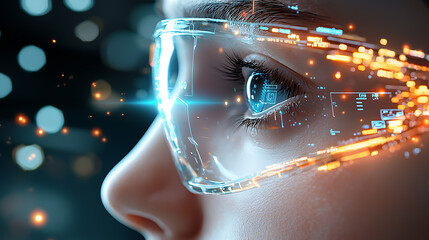 Poster - Futuristic technology integration urban environment digital art high-tech glasses close-up perspective visual enhancement concepts