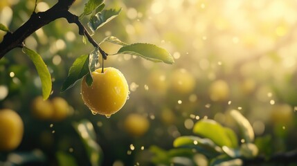 Wall Mural - A Single Yellow Fruit Hanging from a Branch in a Sunlit Orchard