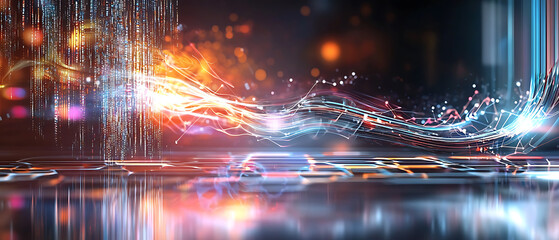 Poster - Dynamic light waves creating digital harmony virtual space abstract art futuristic setting high angle technology concept
