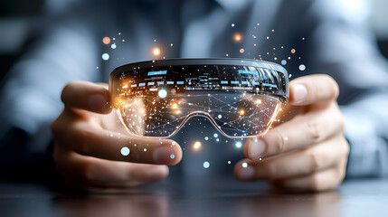 Poster - Innovative augmented reality glasses displaying digital information modern office technology showcase indoor close-up perspective
