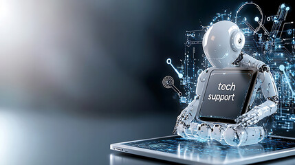 Poster - Robot tech support assisting users virtual space digital illustration futuristic environment close-up view automation concept