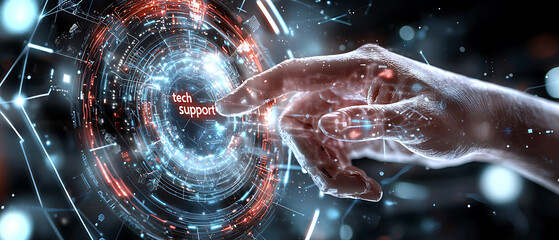Poster - Tech support engagement virtual environment digital interaction high-tech atmosphere close-up perspective innovation concept