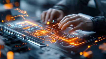 Poster - Innovative technology interaction modern workspace digital interface futuristic environment close-up view user engagement
