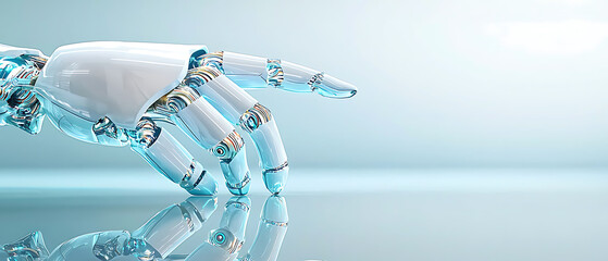 Poster - Robotic hand reaching for innovation futuristic studio technology image minimalist environment close-up view concept of ai