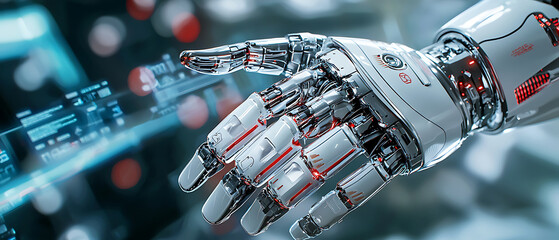 Poster - Robotic hand interaction futuristic laboratory digital technology high-tech environment close-up view innovation in robotics