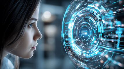 Poster - Futuristic technology exploration digital interface urban setting visual data interaction close-up view innovation concept
