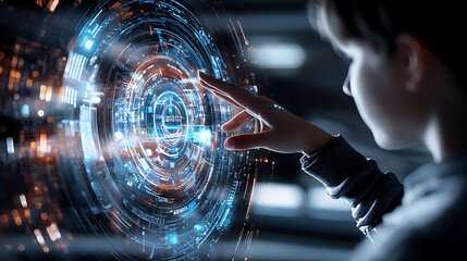 Poster - Interactive technology exploration futuristic space digital interface immersive environment close-up perspective imagination unleashed