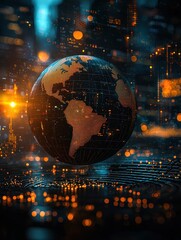 Aufkleber - Global digital network visualization urban cityscape data art futuristic aerial view technology concept