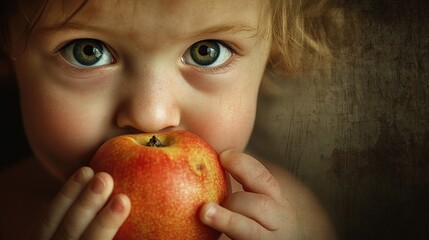 Wall Mural - A Child's Curiosity: A Close-up of a Young Girl Taking a Bite of a Red Apple